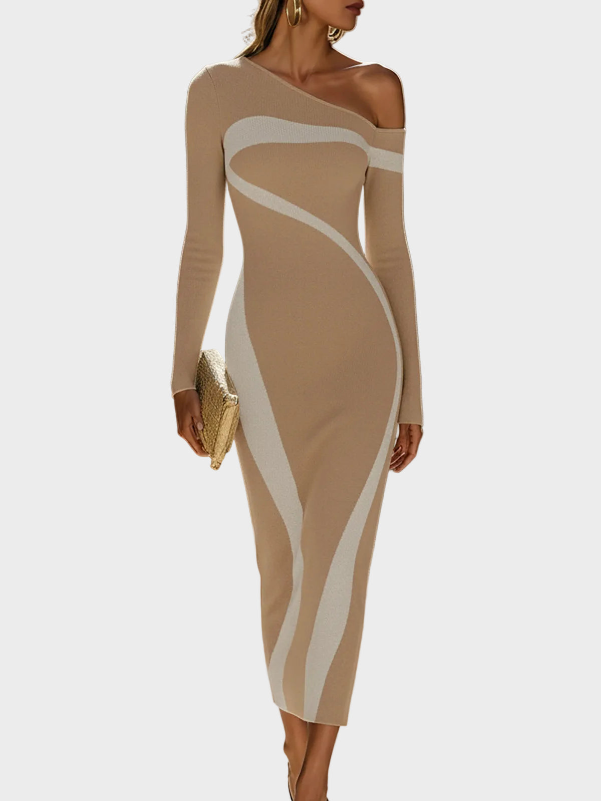 Juni – Figurbetontes One-Shoulder-Kleid in Unifarben mit Kontrasteffekt – Ansicht 8