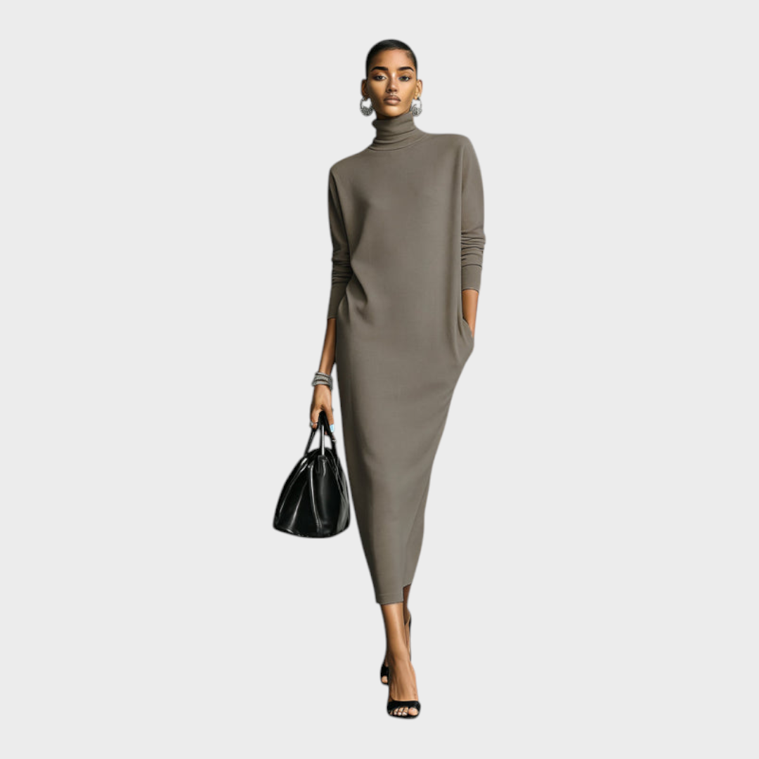 Caitlin – Schwarzes Strickkleid mit Rollkragen und lockerer Passform – Ansicht 4