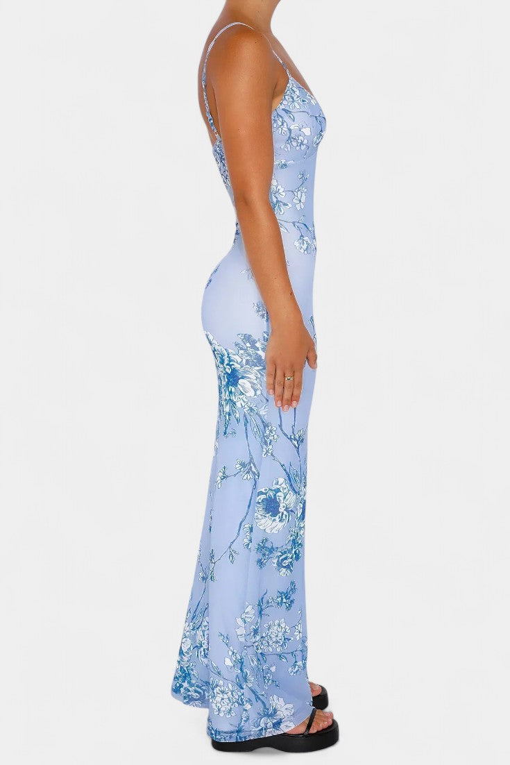 Iris-Kleid aus floraler Spitze in Blau