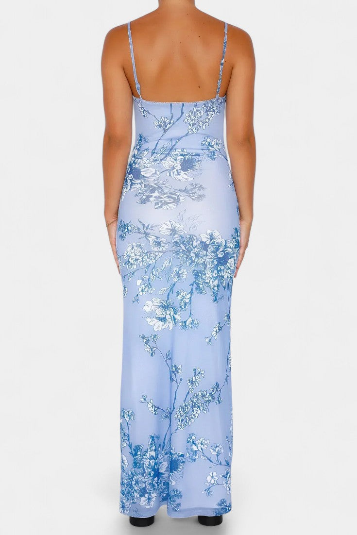 Iris-Kleid aus floraler Spitze in Blau