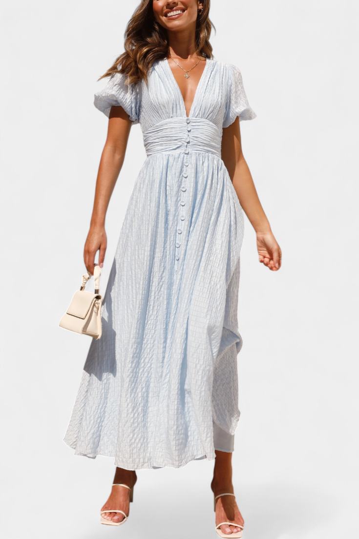Mélia – Maxikleid für Damen mit V-Ausschnitt und Puffärmeln – Ansicht 2