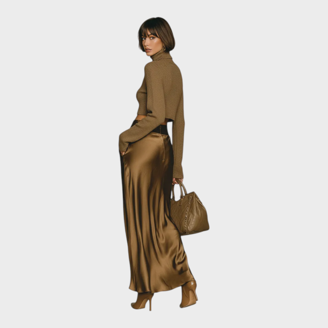 Damen-Set Amisha mit goldbraunem Pullover und Satinrock – Ansicht 3