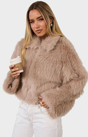 Nero – Hellbraune Damen-Kunstpelzjacke – Ansicht 3
