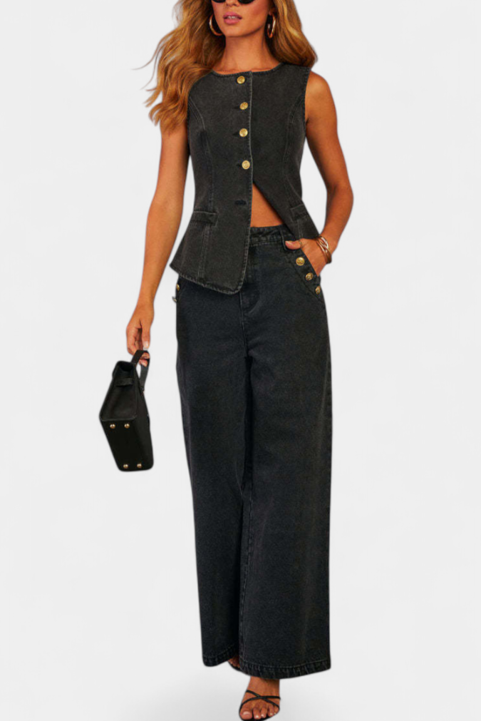 Damen-Denim-Set Ludovica mit Weste und weiter Jeans
