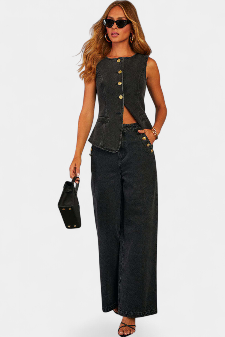 Damen-Denim-Set Ludovica mit Weste und weiter Jeans – Ansicht 2
