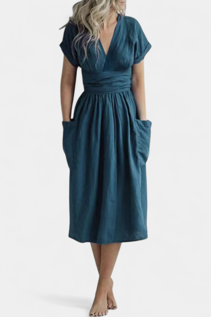 Cressida – Baumwollkleid für Damen mit V-Ausschnitt und Gürtel – Ansicht 4