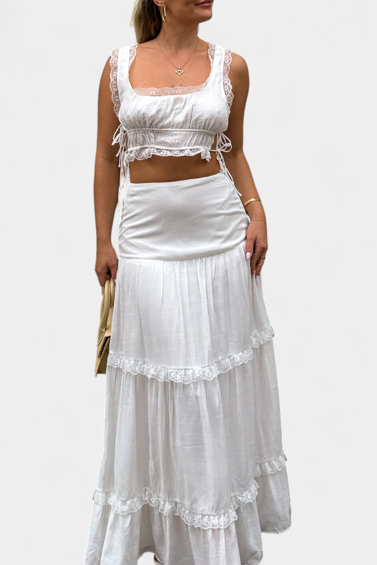 Damen-Set Ilys mit Spitzen-Crop-Top und langem Rock