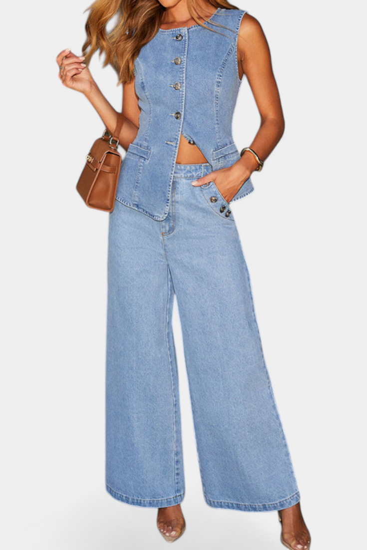 Damen-Denim-Set Ludovica mit Weste und weiter Jeans – Ansicht 5
