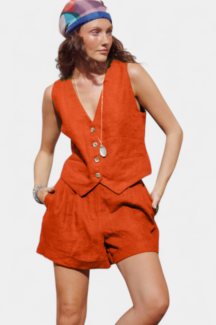 Damen-Leinen-Set Jennifer mit Weste und Shorts – Ansicht 8