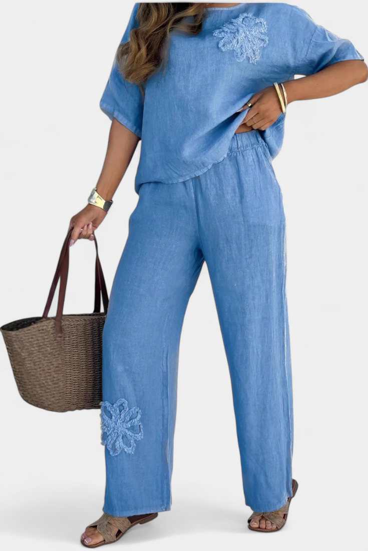 Lockeres Damen-Leinen-Set Natalia mit floraler Stickerei – Ansicht 3