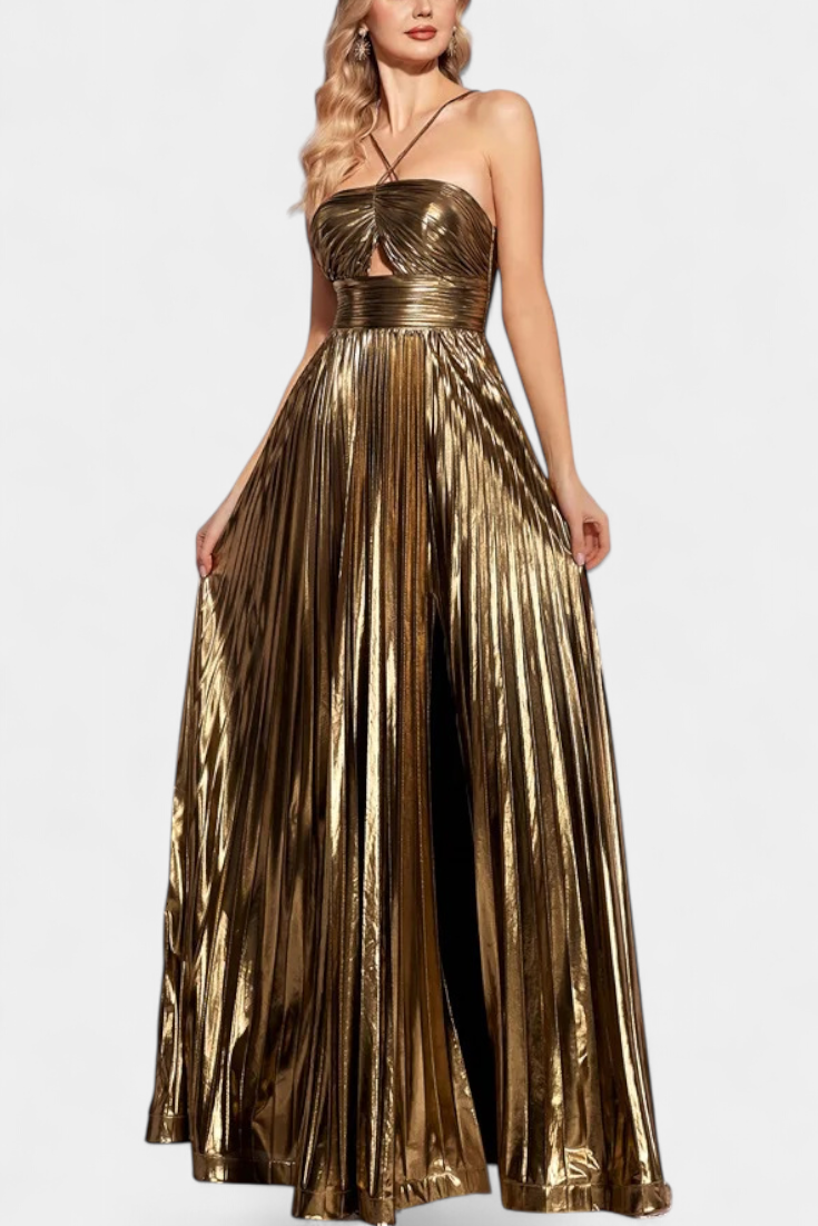 Aikaterini – Metallic-Maxikleid für Damen mit gekreuztem Ausschnitt – Ansicht 4