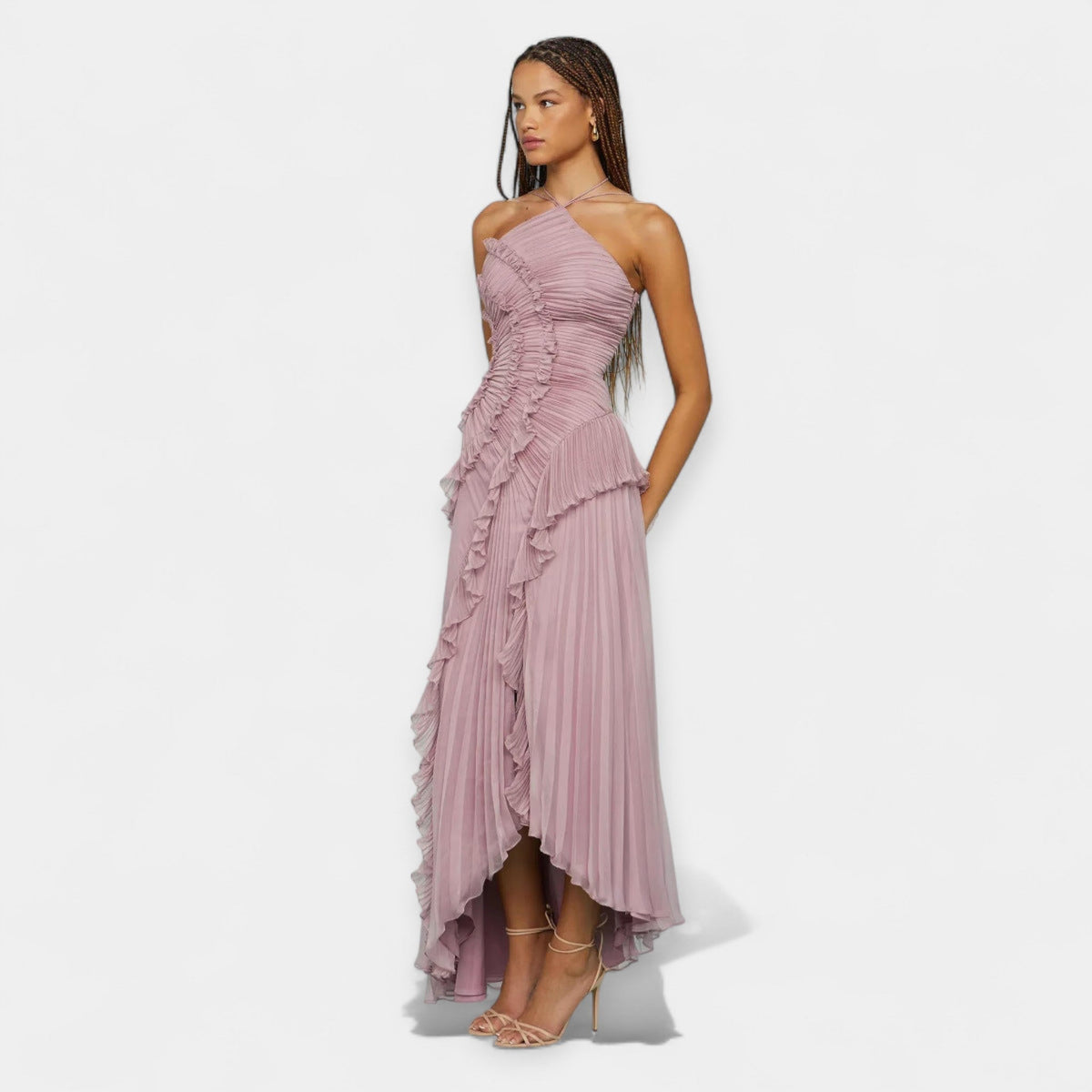 Lilafarbenes Midikleid für Damen mit Rüschen – Ansicht 3