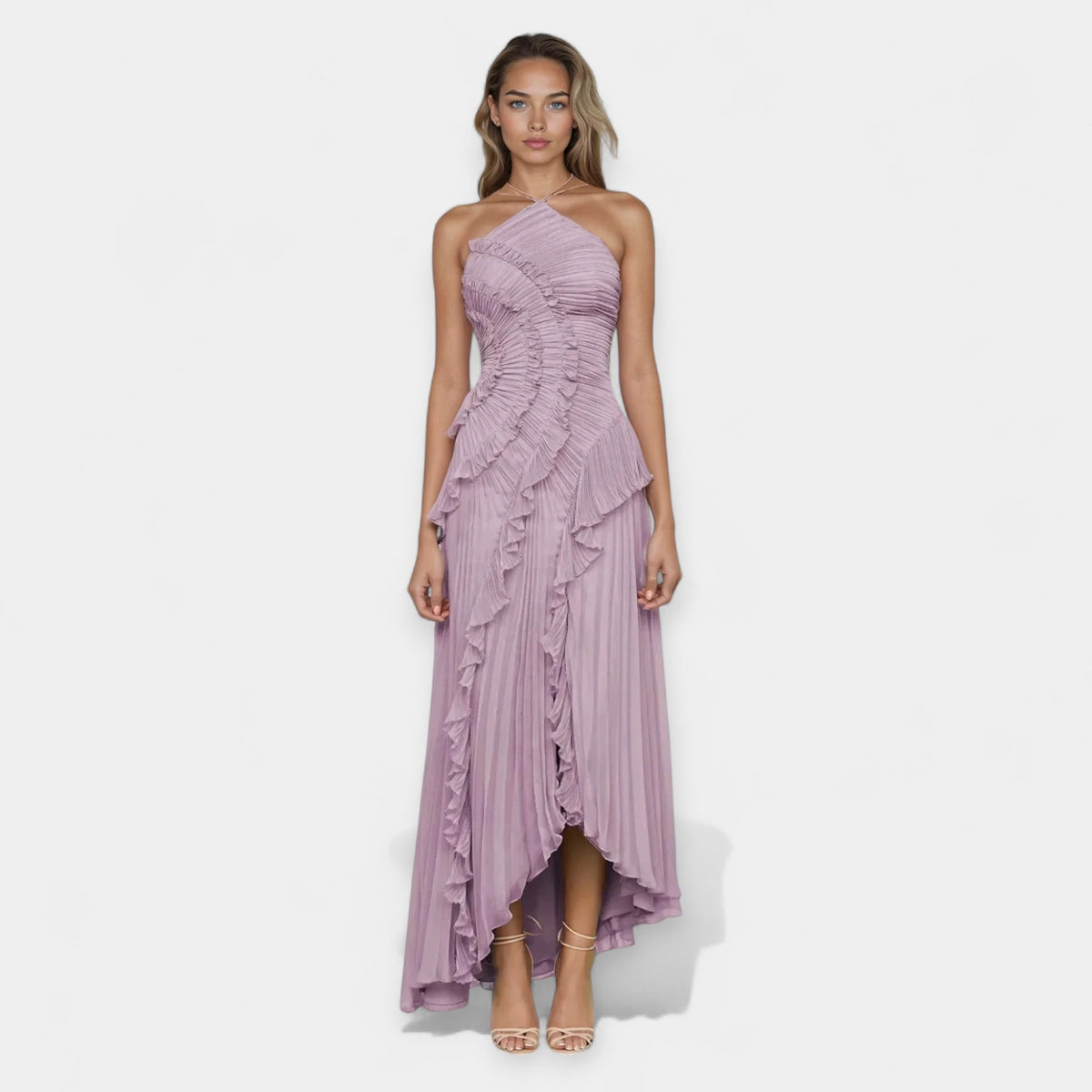 Lilafarbenes Midikleid für Damen mit Rüschen