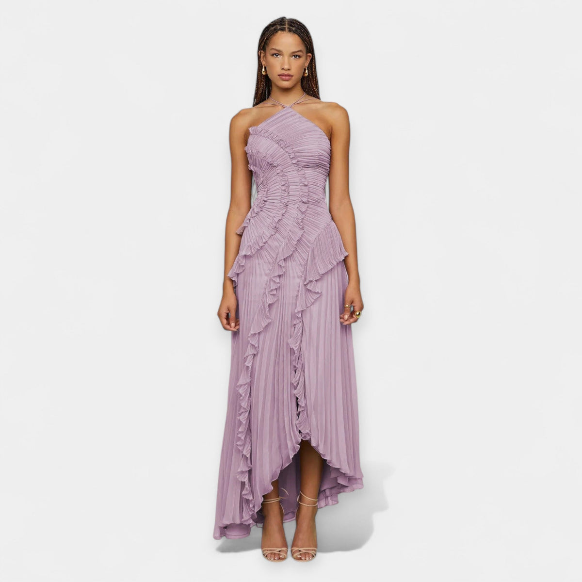Lilafarbenes Midikleid für Damen mit Rüschen – Ansicht 4