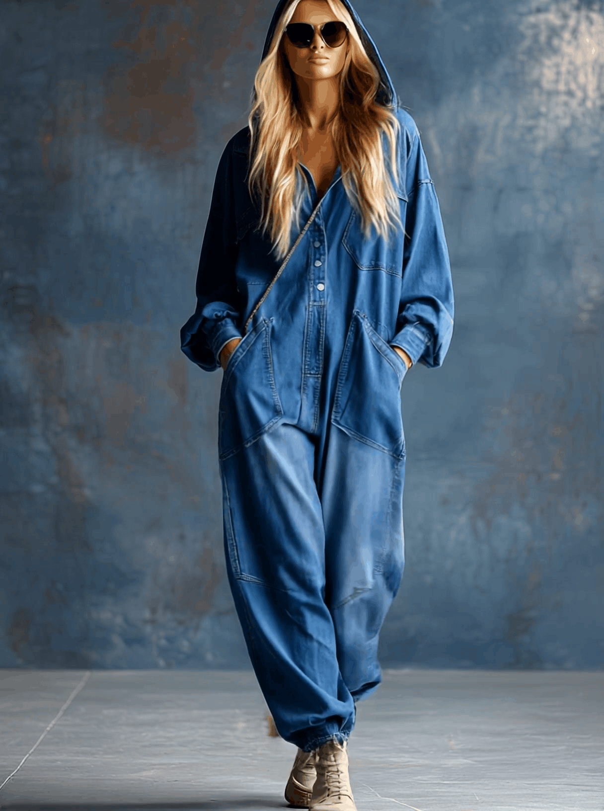 Priscilla – Blauer lockerer Jeans-Overall mit Kapuze und Knöpfen – Ansicht 3