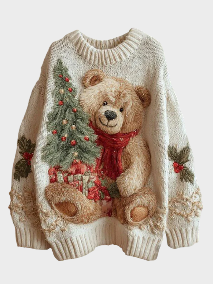 Eleanor – Weihnachtspullover für Damen mit Teddybär und Geschenken