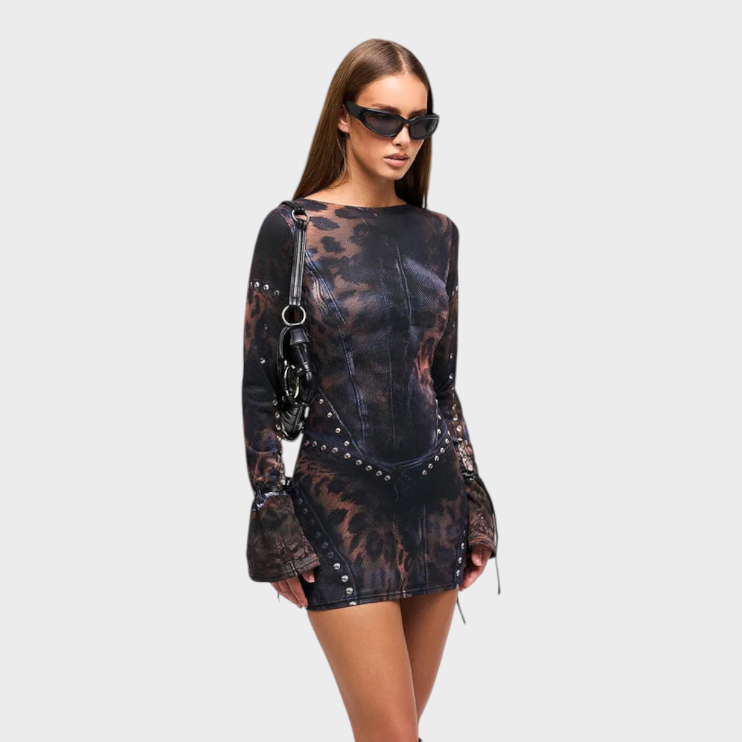 Rikkia | Minikleid mit langen Ärmeln und Bindeband, mit Leopardenmuster
