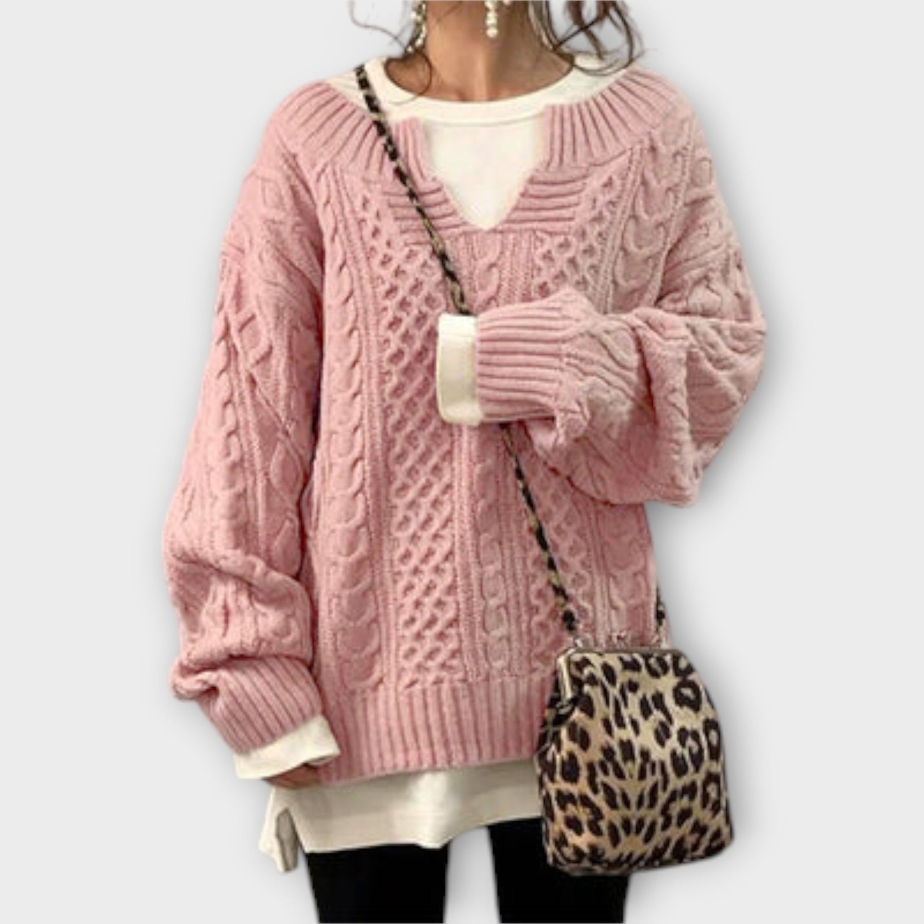 Oversize-Damen-Strickpullover mit Zopfmuster – Ansicht 3