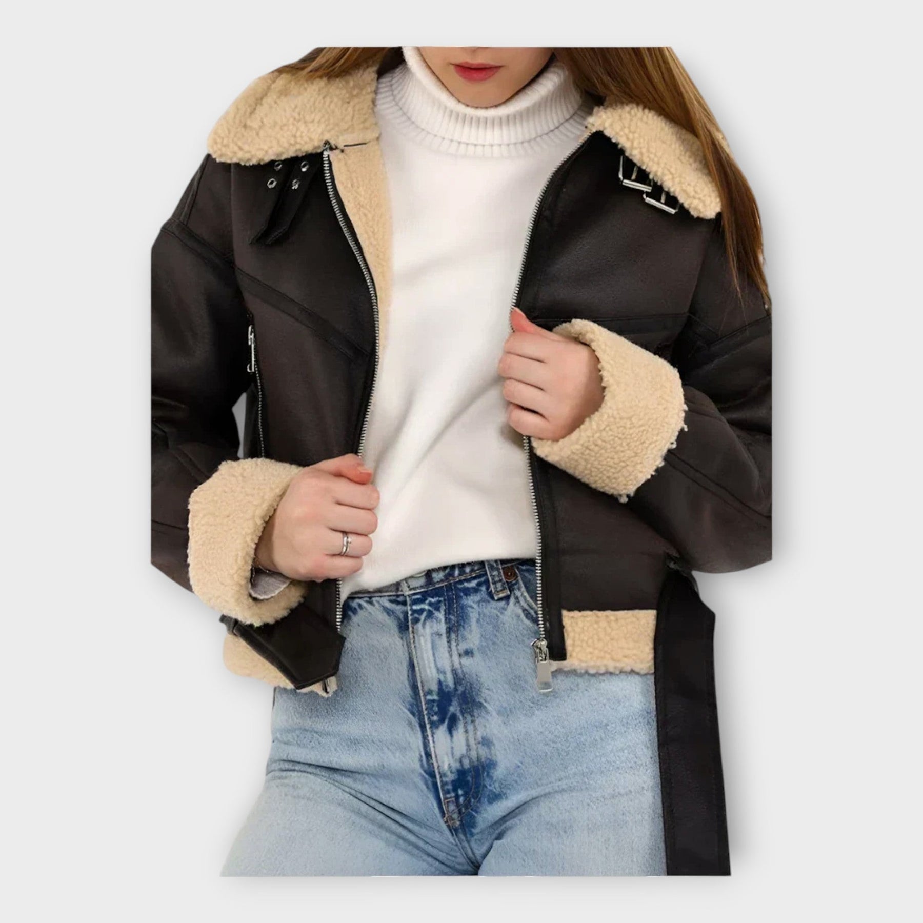 Ines – Moderne gefütterte Lederjacke für Damen mit Gürtel – Ansicht 4