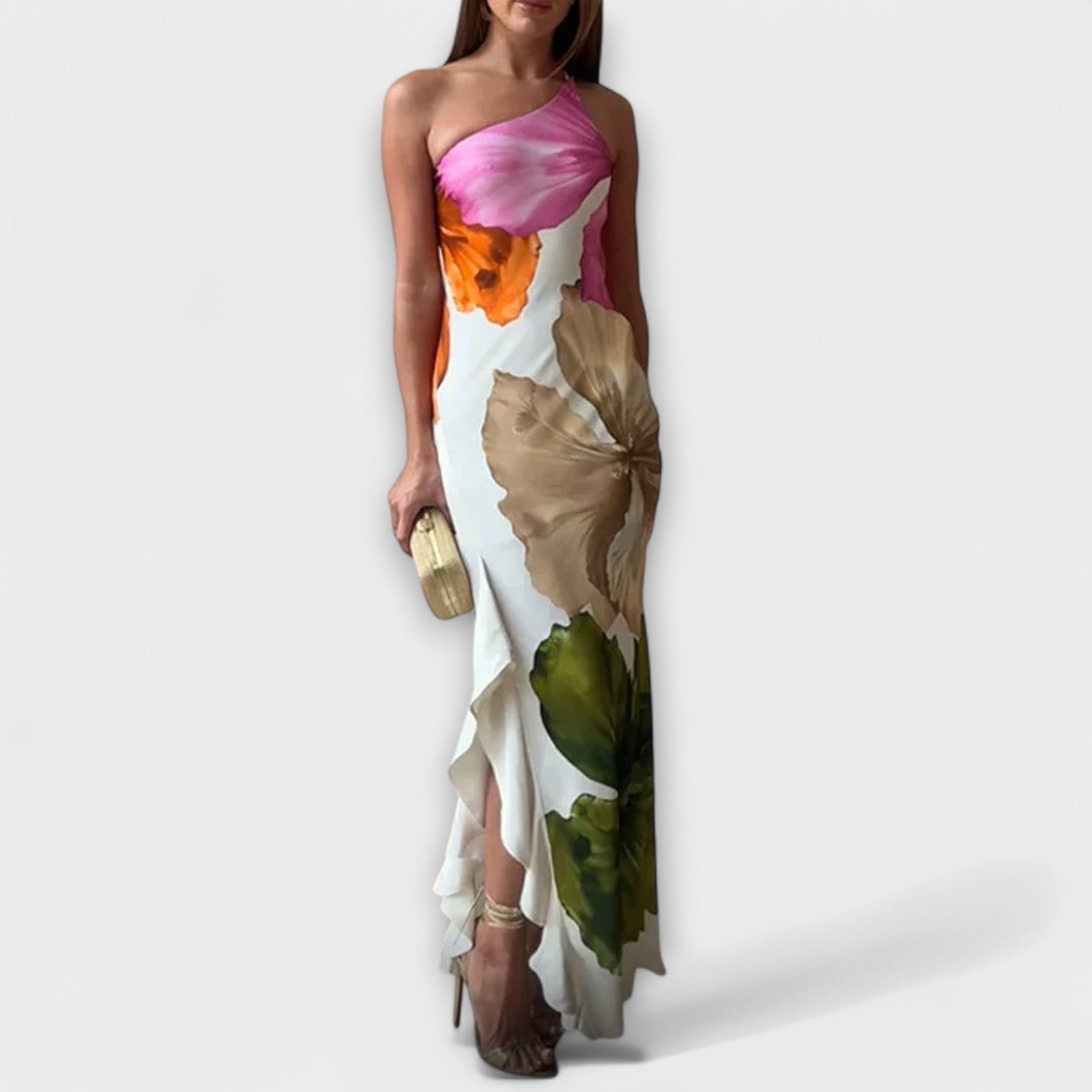 Zami – Maxikleid für Damen mit Patchwork-Muster und asymmetrischem Ausschnitt