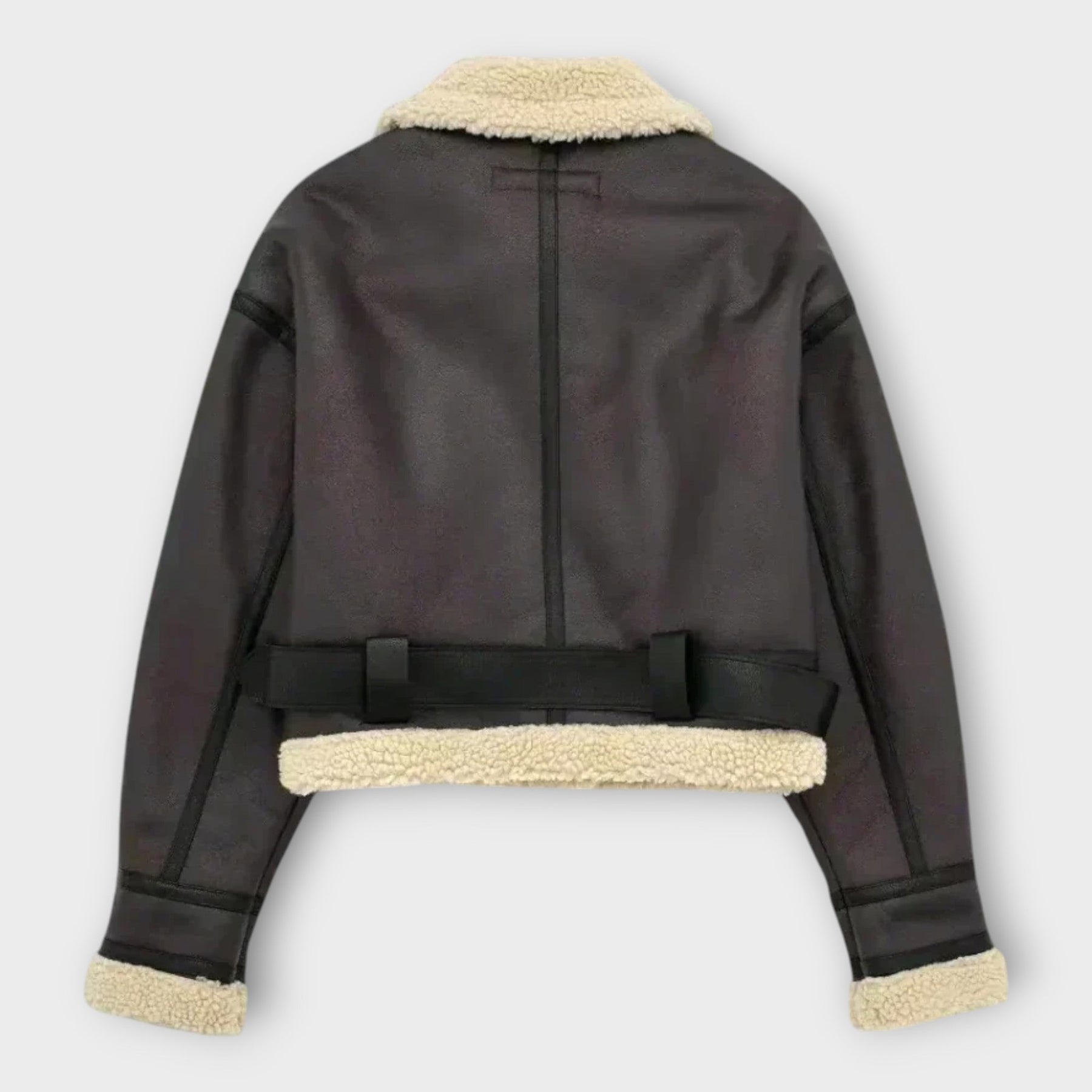 Aurelie – Kurze Lederjacke für Damen mit Fellbesatz und Gürtel – Ansicht 2