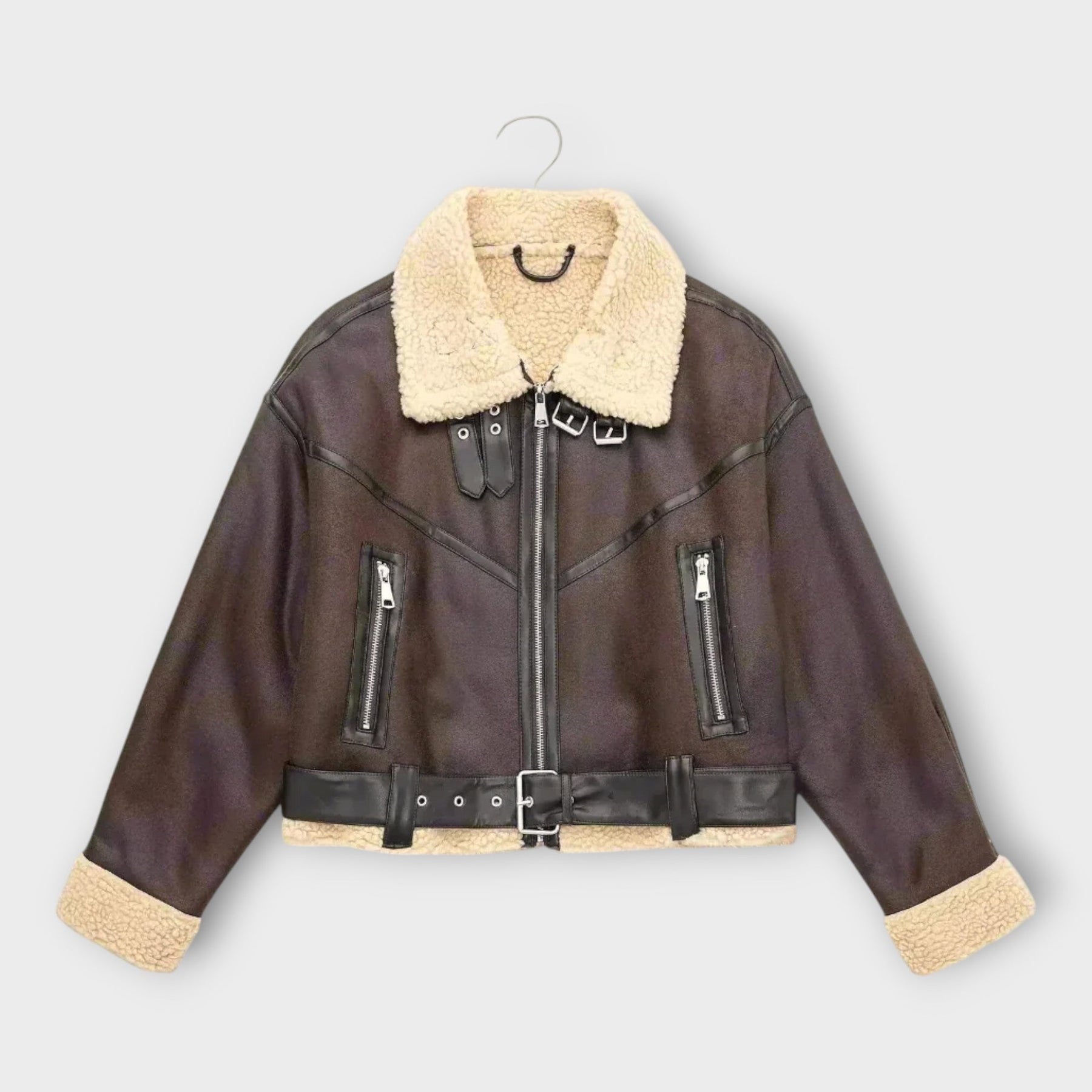Aurelie – Kurze Lederjacke für Damen mit Fellbesatz und Gürtel – Ansicht 5