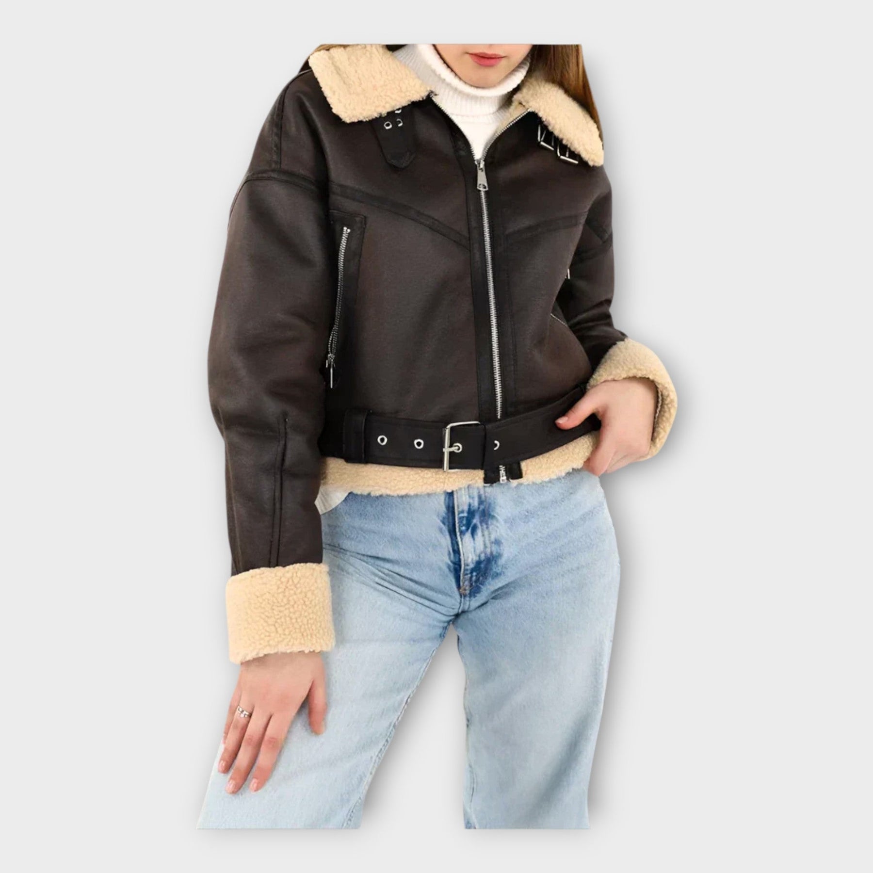 Ines – Moderne gefütterte Lederjacke für Damen mit Gürtel – Ansicht 2
