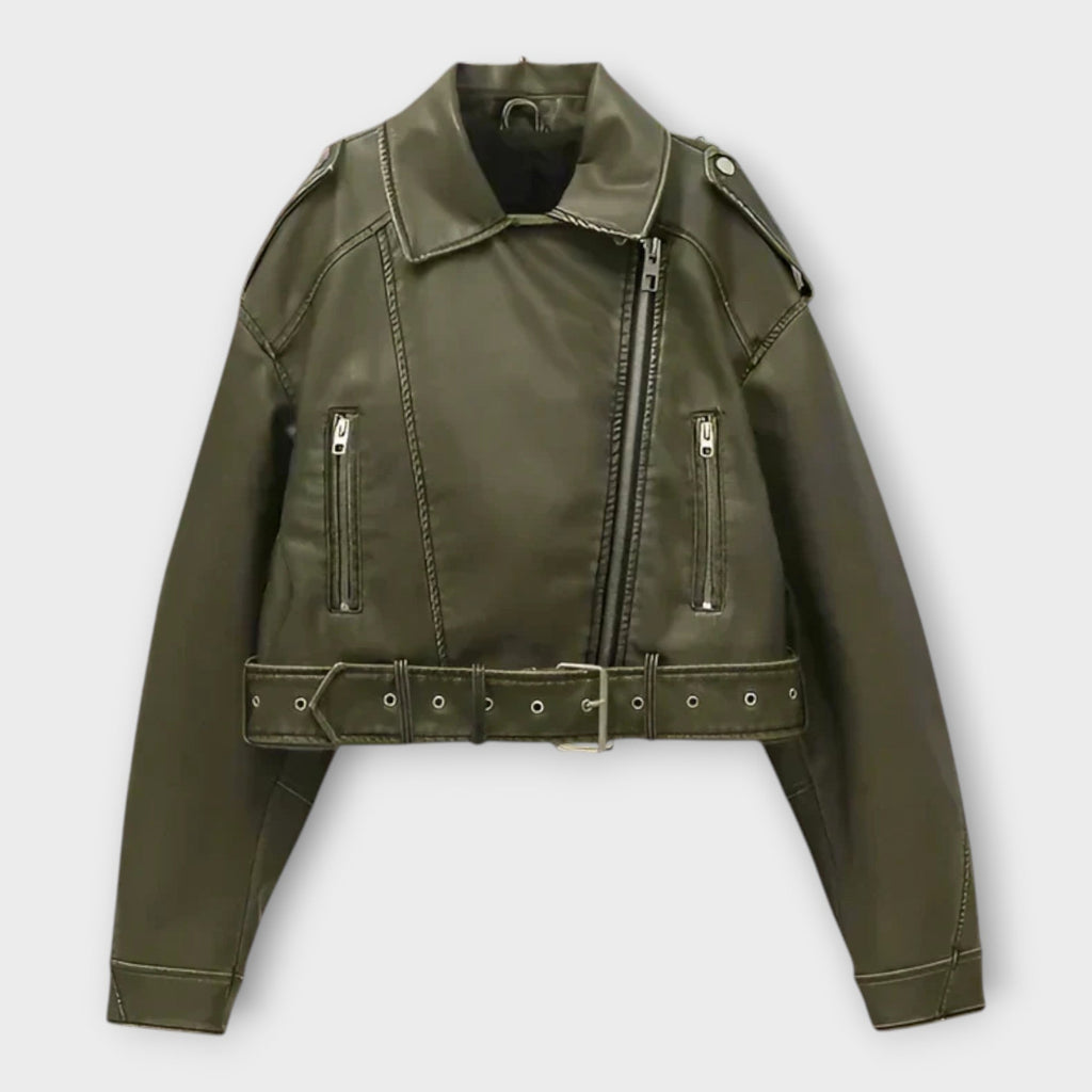 Moderne kurze Lederjacke mit Gürtel und anspruchsvoller Ästhetik