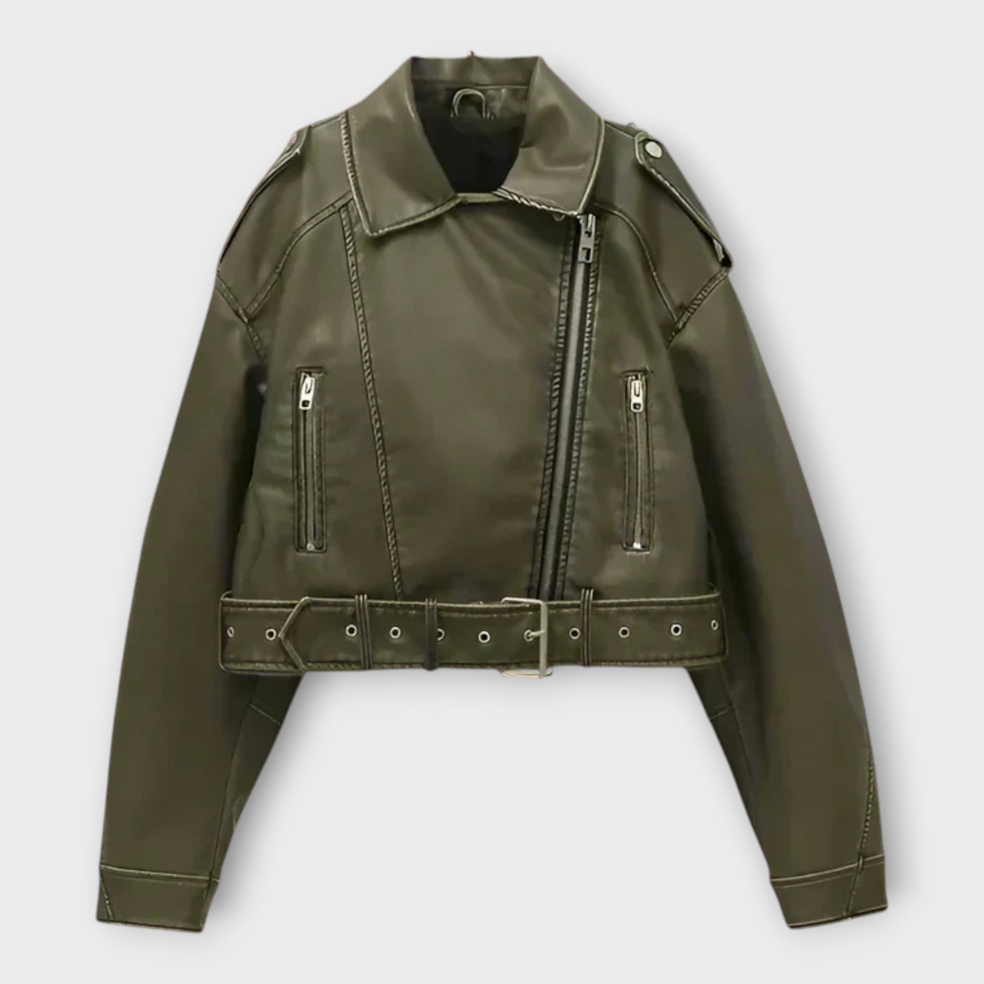 Moderne kurze Lederjacke mit Gürtel und anspruchsvoller Ästhetik