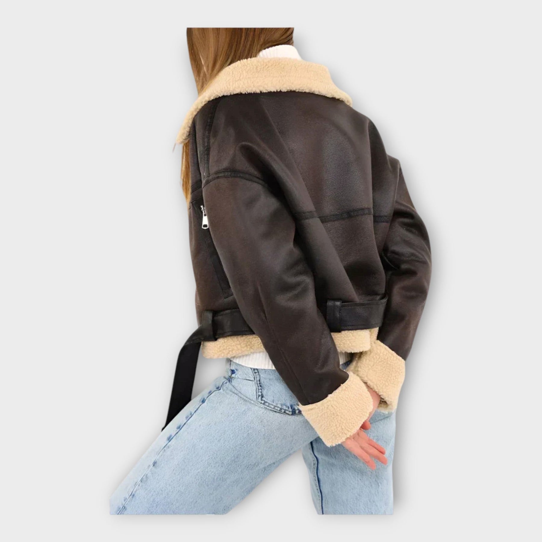 Ines – Moderne gefütterte Lederjacke für Damen mit Gürtel – Ansicht 3