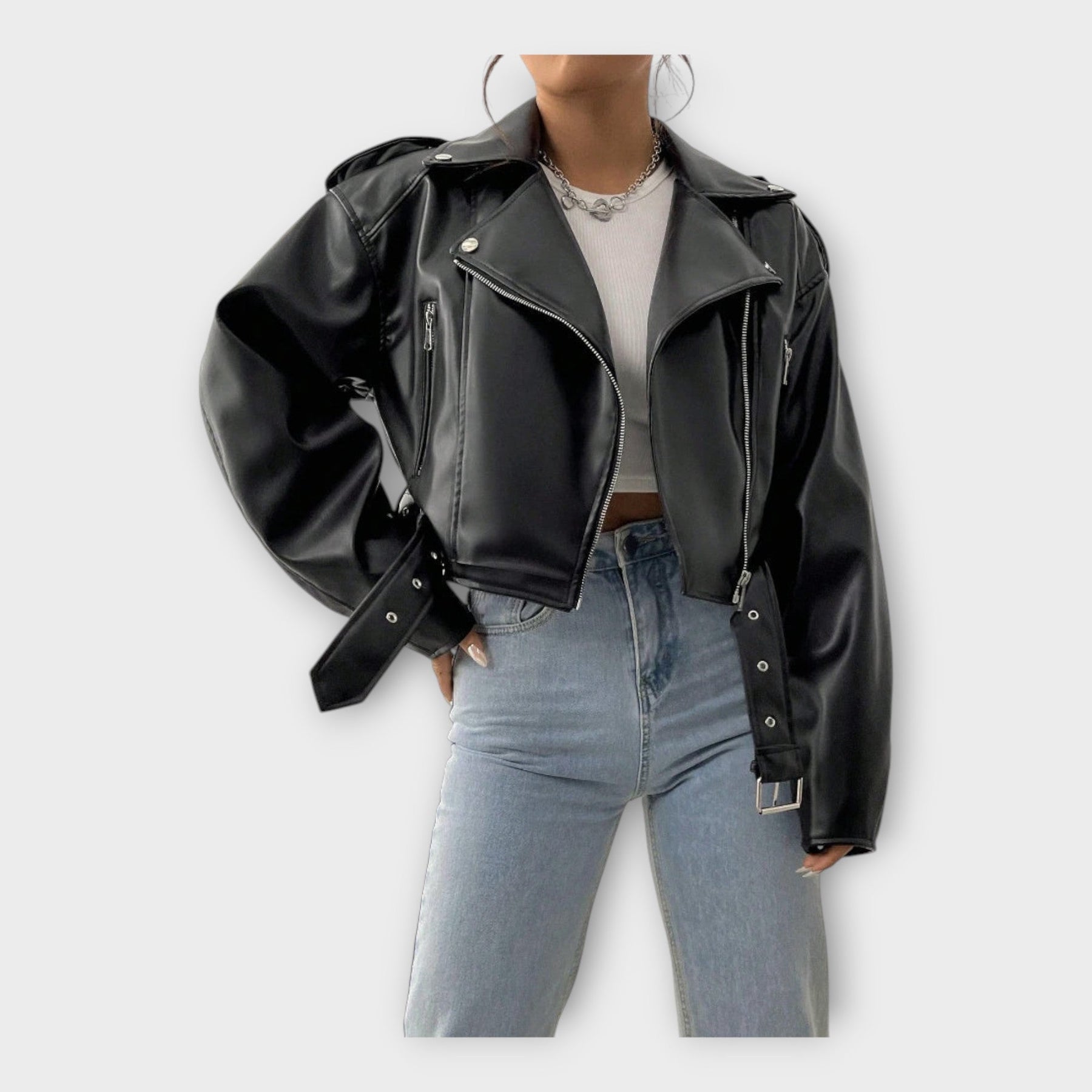 Yasmine – Kurze Lederjacke für Damen mit Gürtel