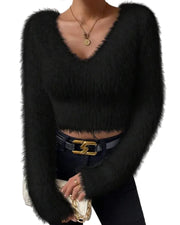 Anya – Lässiger flauschiger Strickpullover für Damen mit V-Ausschnitt – Ansicht 3