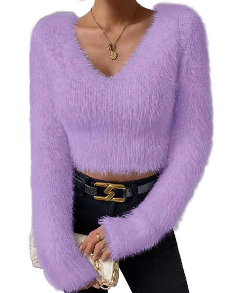 Anya – Lässiger flauschiger Strickpullover für Damen mit V-Ausschnitt – Ansicht 2