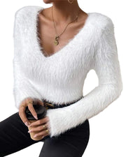 Anya – Lässiger flauschiger Strickpullover für Damen mit V-Ausschnitt – Ansicht 4