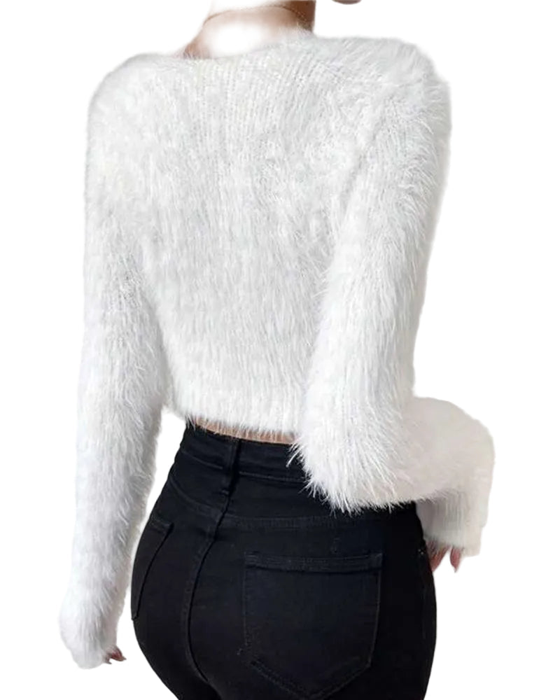 Anya – Lässiger flauschiger Strickpullover für Damen mit V-Ausschnitt – Ansicht 5