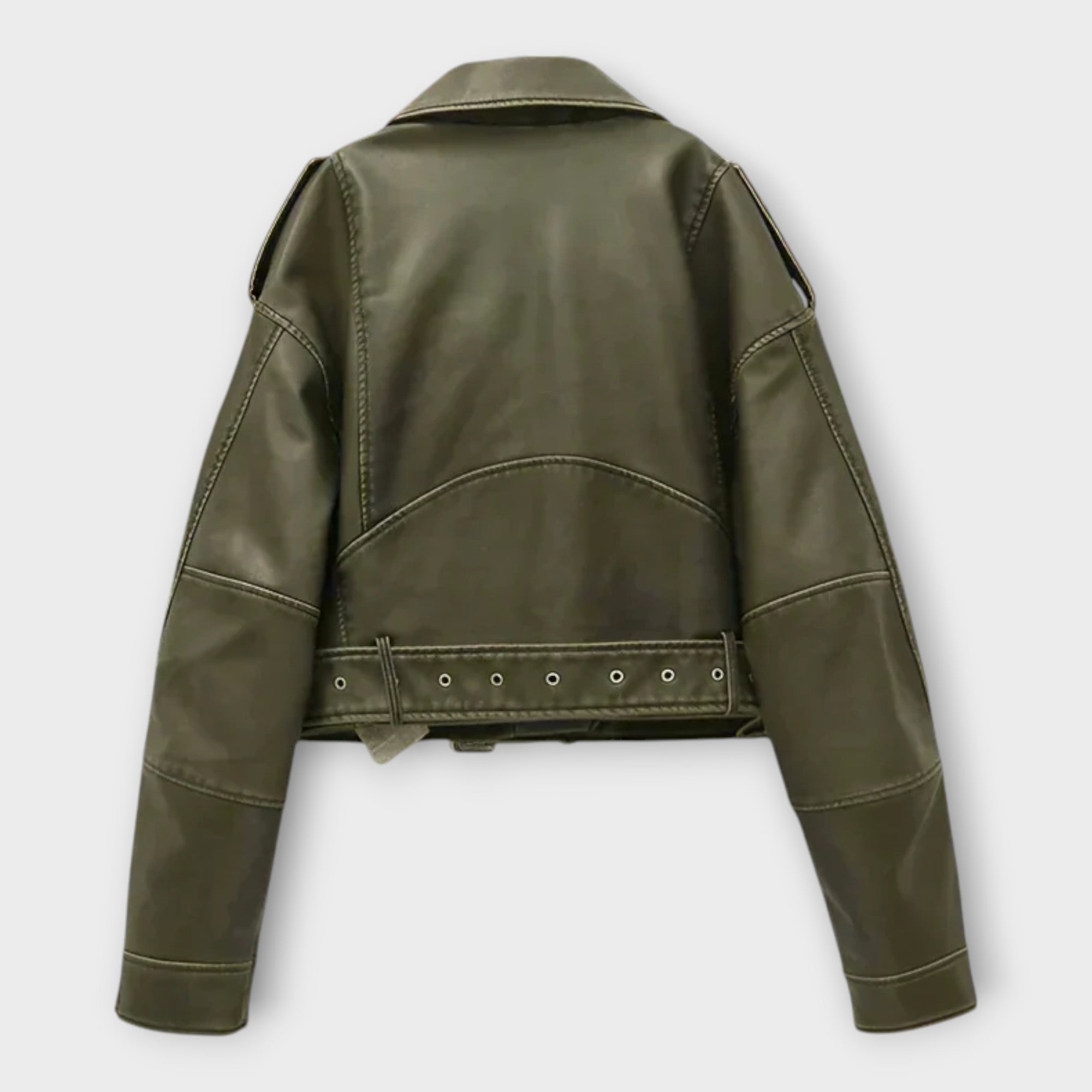 Moderne kurze Lederjacke mit Gürtel und anspruchsvoller Ästhetik