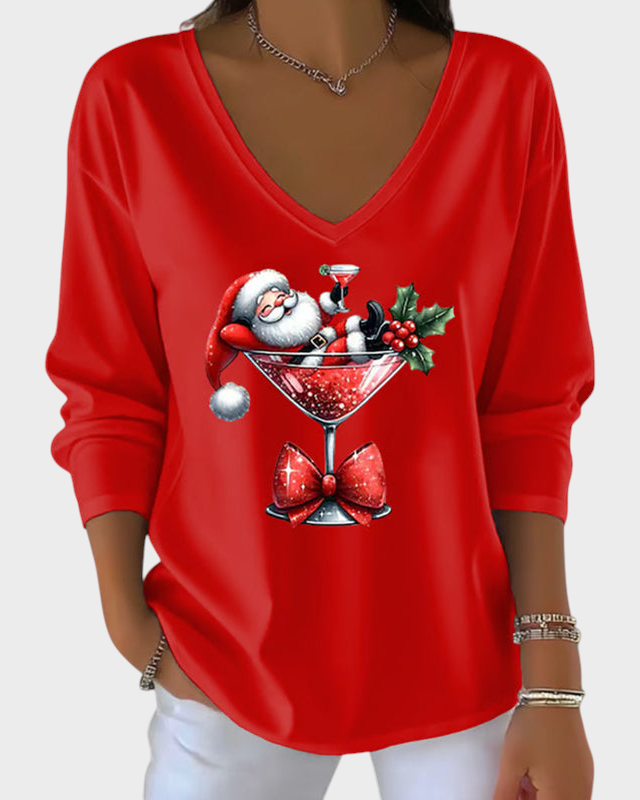 Odette – Lockere Damenbluse mit V-Ausschnitt und Weihnachtsmotiv – Ansicht 2