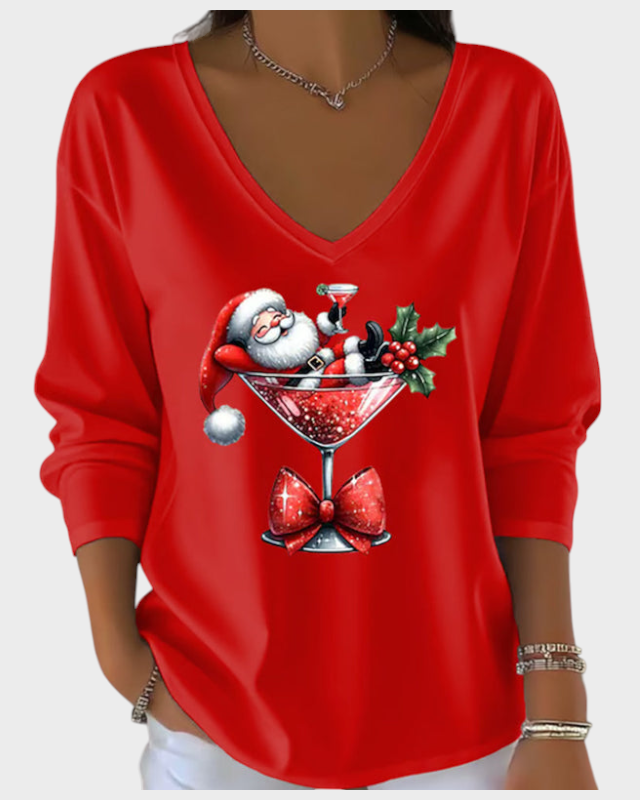 Odette – Lockere Damenbluse mit V-Ausschnitt und Weihnachtsmotiv – Ansicht 4