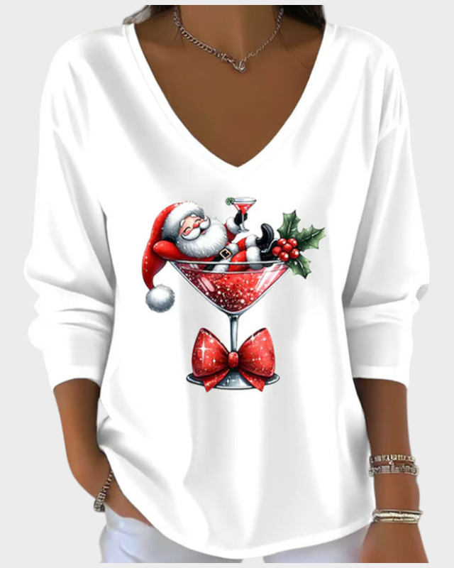 Odette – Lockere Damenbluse mit V-Ausschnitt und Weihnachtsmotiv – Ansicht 3