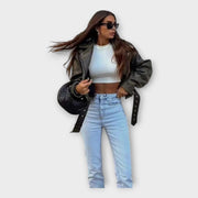 Elodie – Moderne kurze Lederjacke für Damen mit Gürtel – Ansicht 6