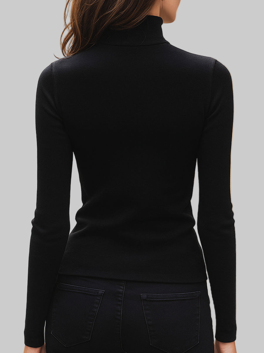 Schwarze asymmetrische Strickbluse für Damen mit Reißverschluss und Stehkragen – Ansicht 5