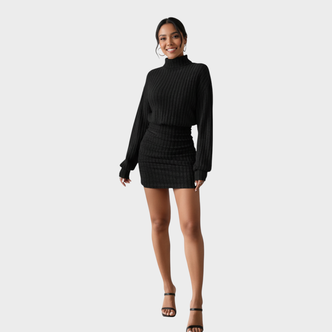 Jelissa – Damenkleid mit gestreiften Ärmeln und hohem Kragen