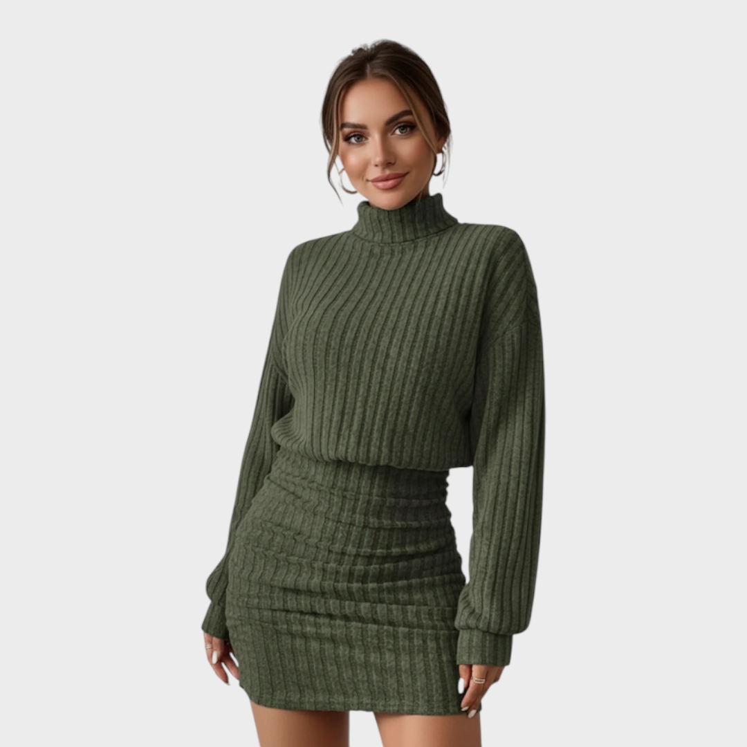 Jelissa – Damenkleid mit gestreiften Ärmeln und hohem Kragen