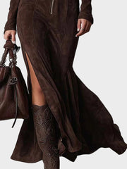 Lauren – Braunes Maxikleid für Damen mit Reißverschluss und Gürtel – Ansicht 6