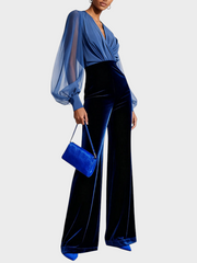 Tyla – Blaues langärmeliges Samtkleid mit Netzstoff – Ansicht 3