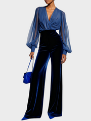 Tyla – Blaues langärmeliges Samtkleid mit Netzstoff – Ansicht 2