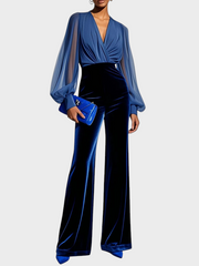 Tyla – Blaues langärmeliges Samtkleid mit Netzstoff