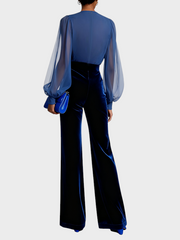 Tyla – Blaues langärmeliges Samtkleid mit Netzstoff – Ansicht 4