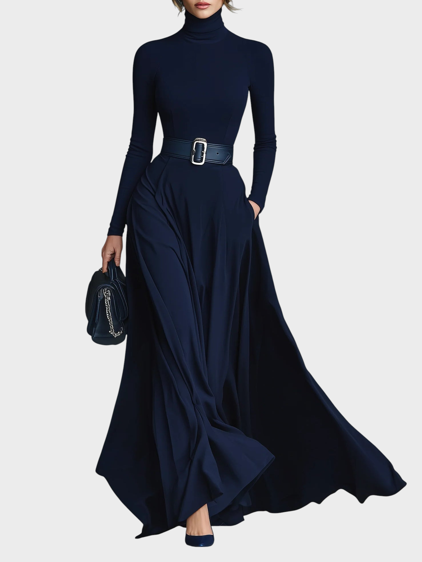 Elora – Elegantes Maxi-Strickkleid mit hohem Kragen