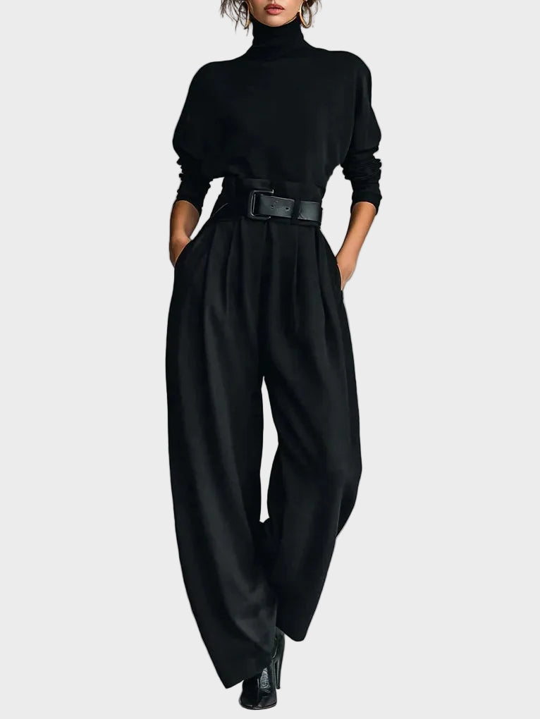 Amara – Schwarzes Damen-Set mit Rollkragenbluse und gerader Hose